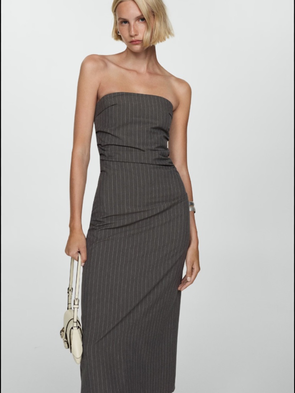 Mango Strapless Pinstripe Midi Dress in Charcoal Gray